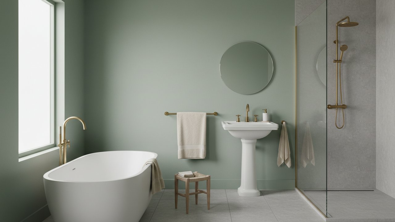 Couleur salle de bain en vert sauge avec robinetterie laiton