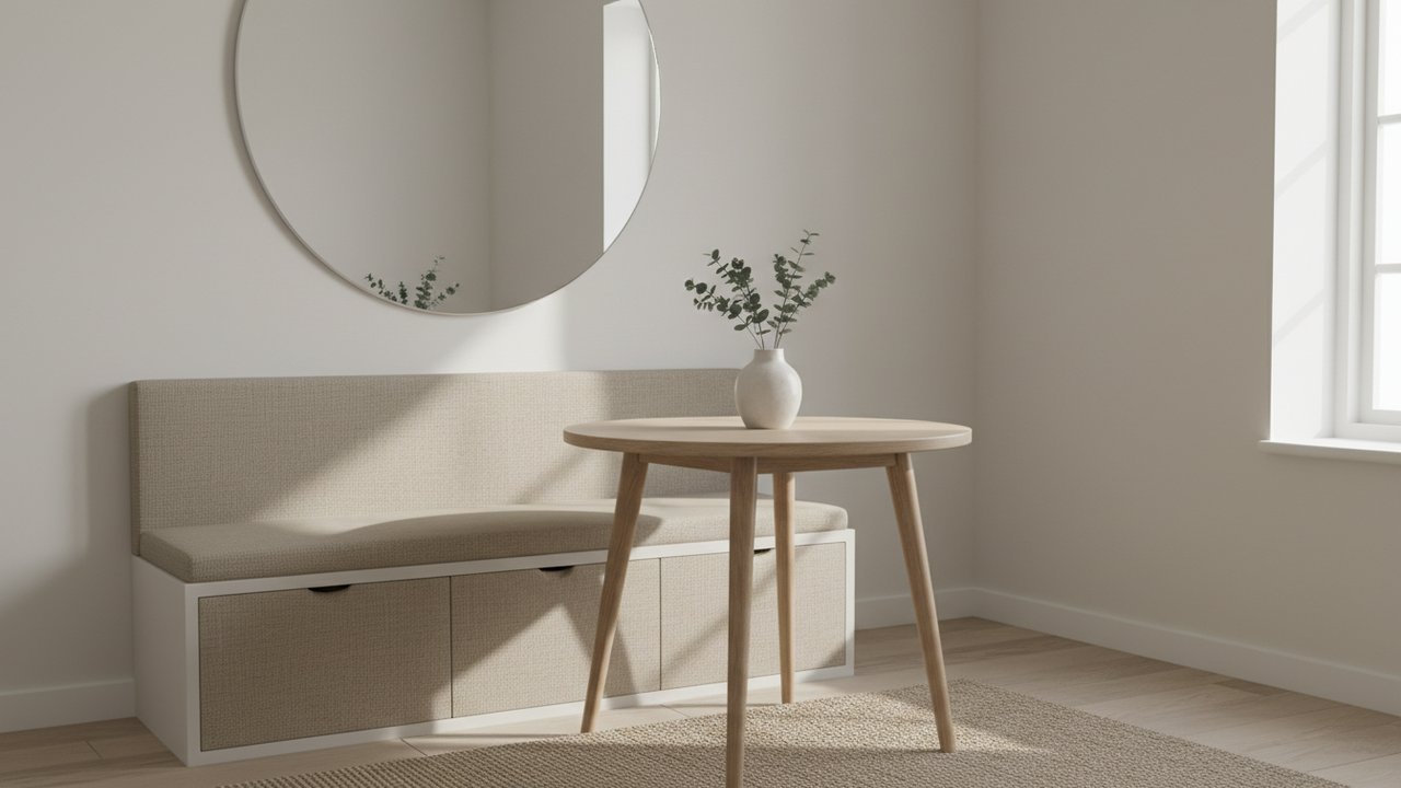 Aménagement petite salle à manger avec banquette et miroir