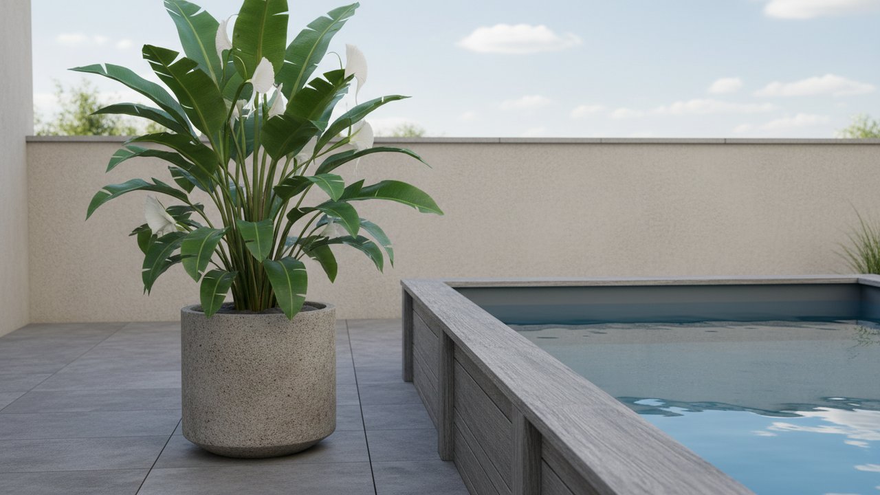Bac en béton avec plante ornementale autour d'une piscine hors sol