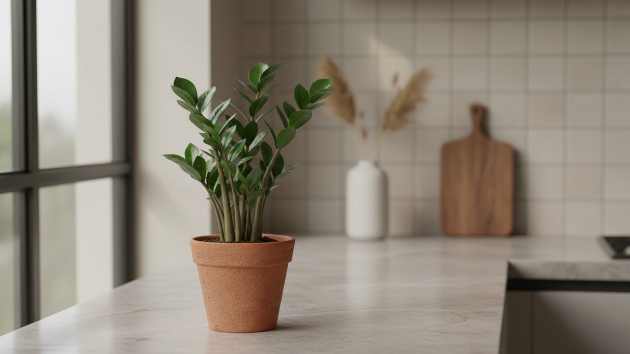 Plante facile d'entretien posée sur un plan de travail de cuisine