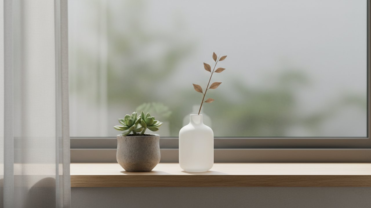 Petite plante et vase sur un rebord de fenêtre intérieur