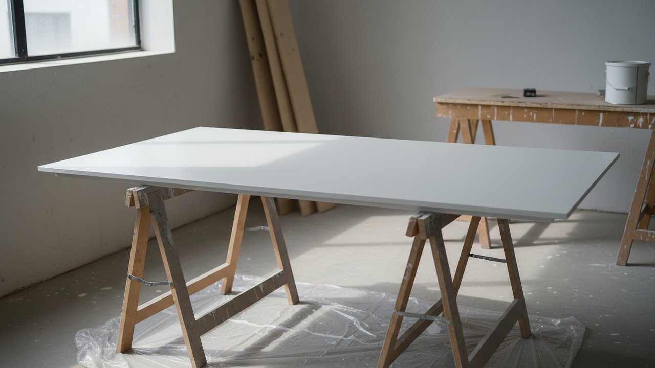 Porte de placard coulissante peinte en train de sécher