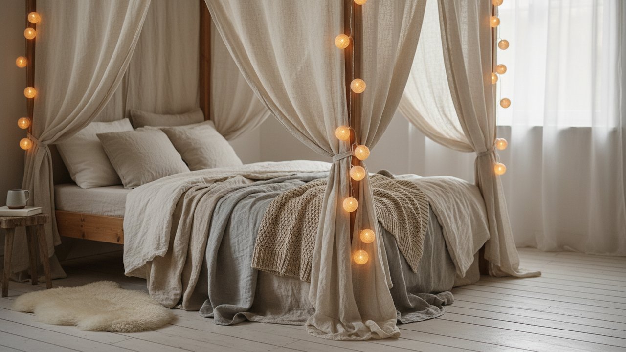 Rideaux et guirlande LED sur un lit cabane garçon