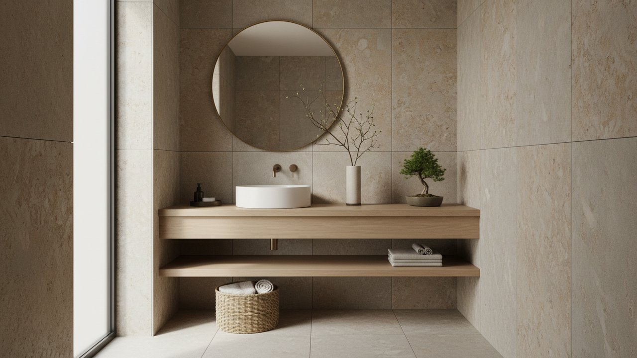 Petite salle de bain style Japandi aux murs texturés