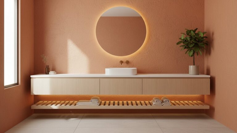 Salle de bain terracotta et bois à l'ambiance chaleureuse