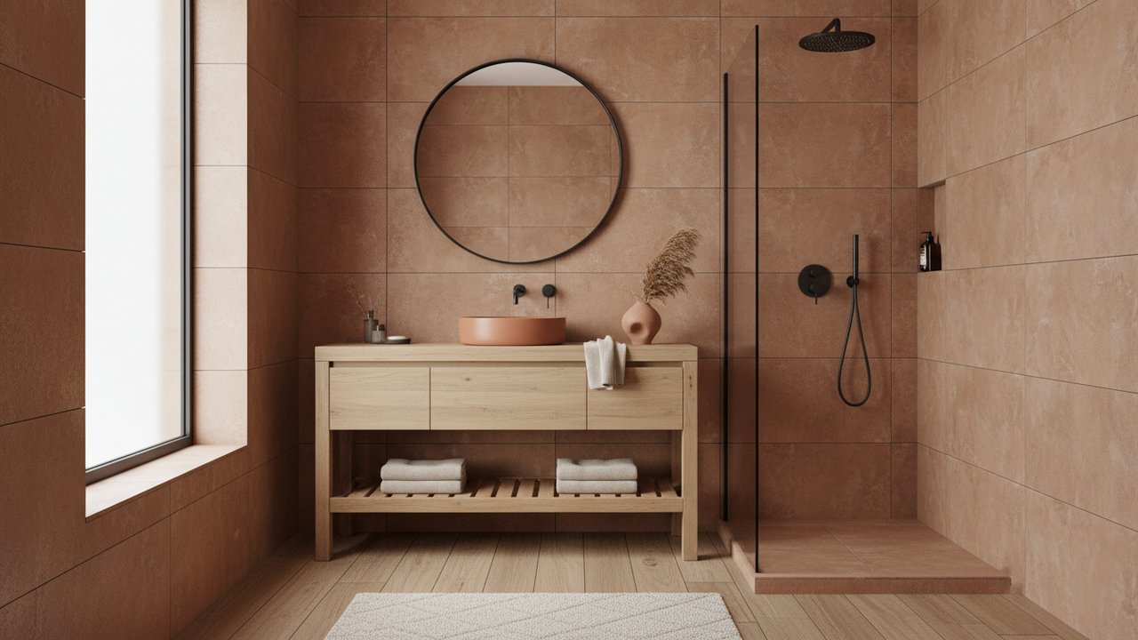 Salle de bain terracotta, bois et touches de métal noir mat