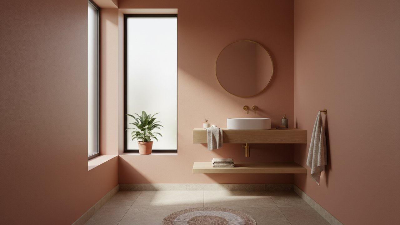 Salle de bain style bohème avec peinture terracotta et détails cuivrés