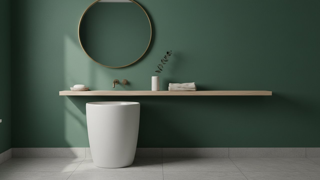 Salle de bain peinte en vert émeraude avec étagère bois clair