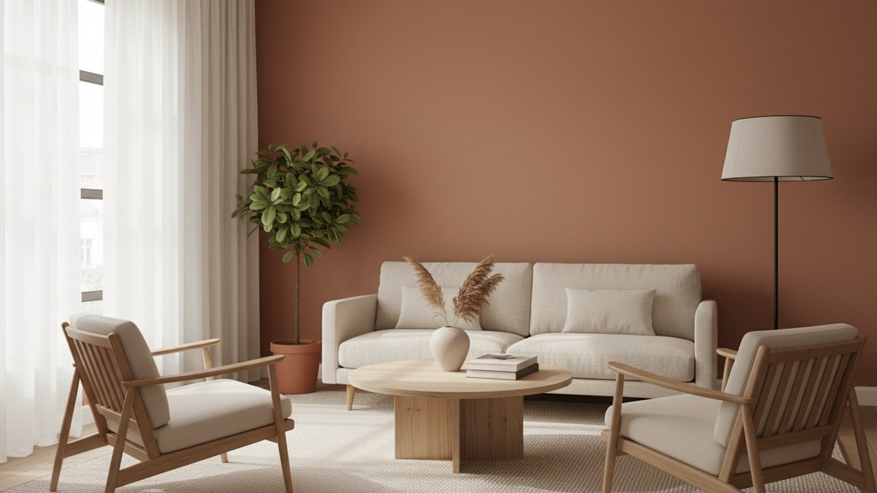 Salon terracotta et bois avec ambiance chaleureuse et naturelle