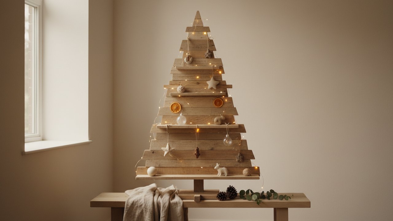 Sapin de Noël en bois décoré avec guirlandes et boules