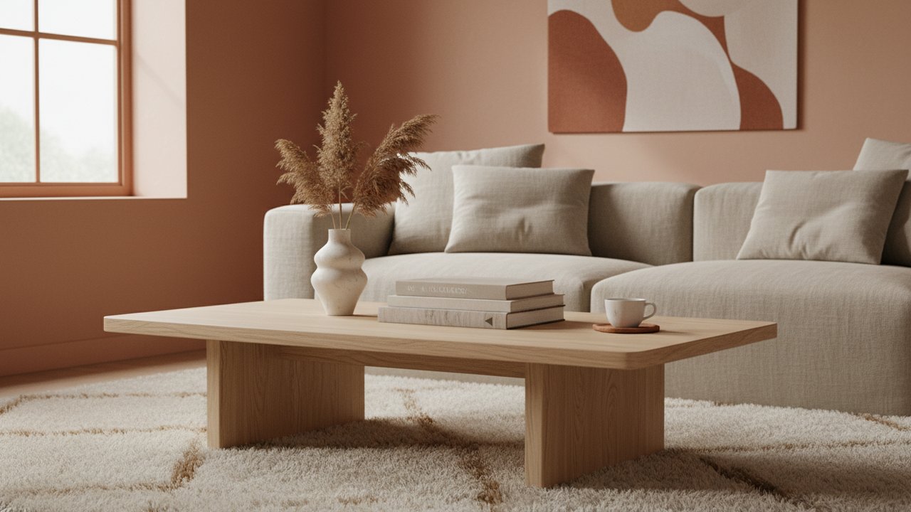 Table basse en bois clair dans un salon terracotta
