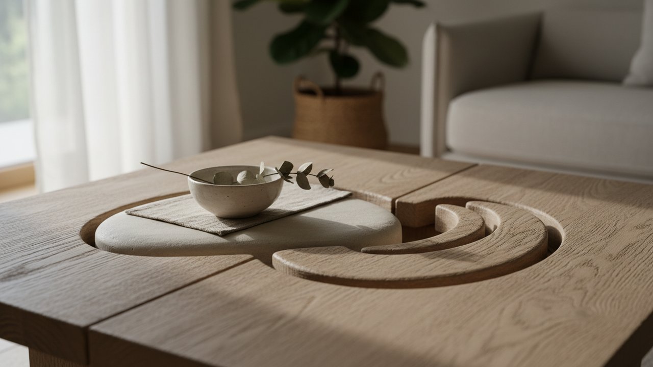 Table basse en bois nervuré aux formes organiques dans un salon