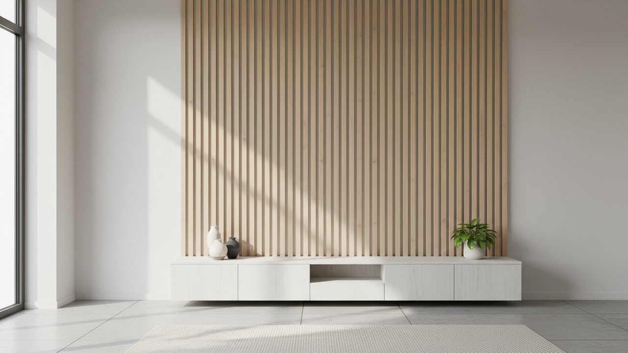 Tasseaux de bois en relief sur un mur de salon