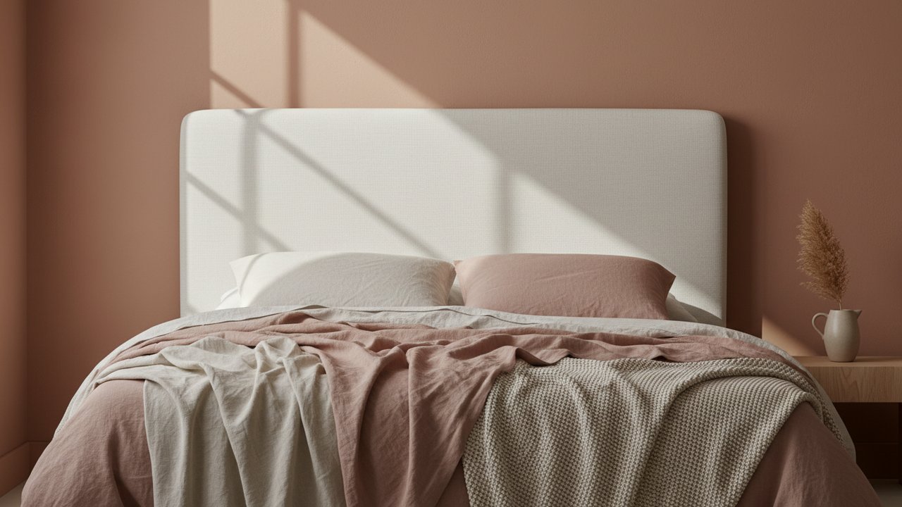 Tête de lit blanche contre un mur terracotta avec linge superposé