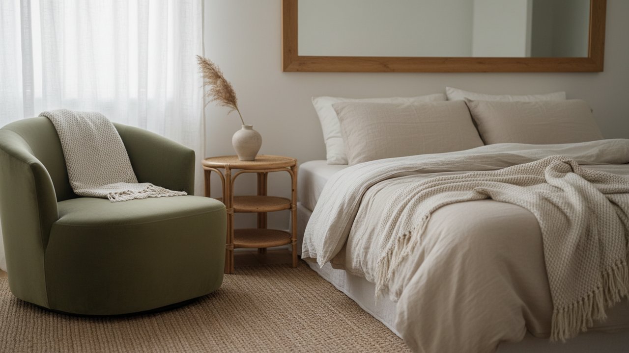 Textures naturelles lin, velours et rotin dans une petite chambre cosy