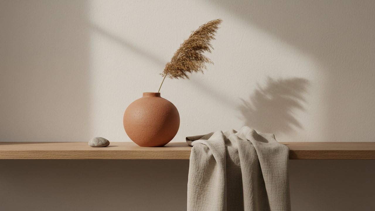 Décoration terracotta et beige avec céramique et lin naturel