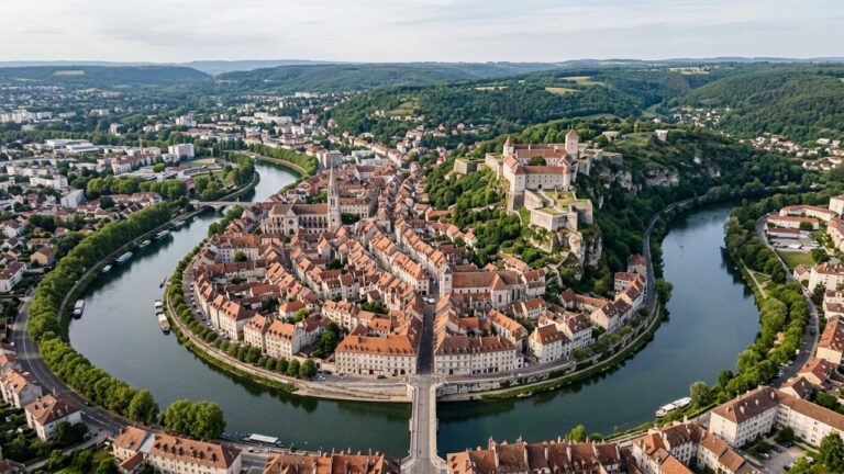 Vue aérienne de Besançon et ses quartiers avec la boucle du Doubs