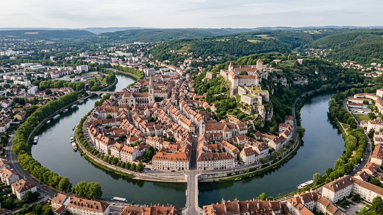 Vue aérienne de Besançon et ses quartiers avec la boucle du Doubs