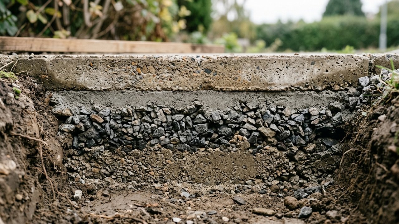 Coupe technique d'une dalle béton montrant l'épaisseur et les couches de drainage
