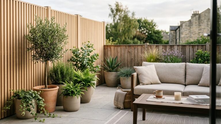 Terrasse avec écrans de bois et plantes pour cacher le vis-à-vis