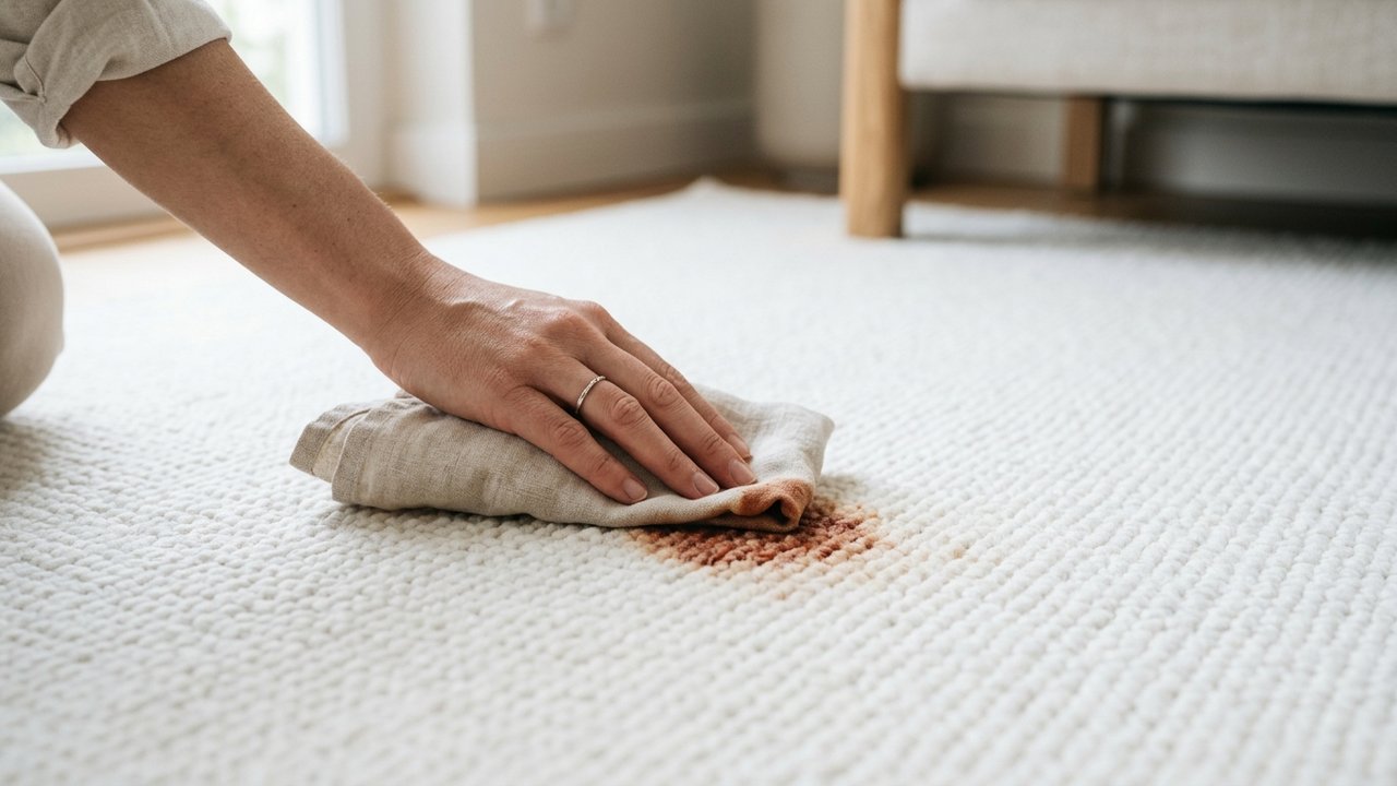 Élimination d'une tache alimentaire sur un tapis blanc