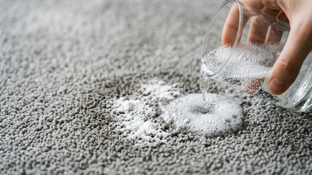 Application de bicarbonate et eau gazeuse sur un tapis gris