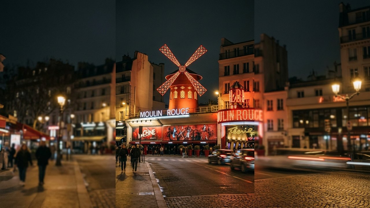 Le Moulin Rouge illuminé sur le boulevard de Clichy à Paris
