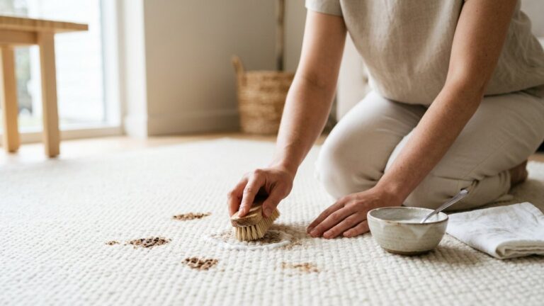 Nettoyage d'un tapis blanc avec du bicarbonate de soude
