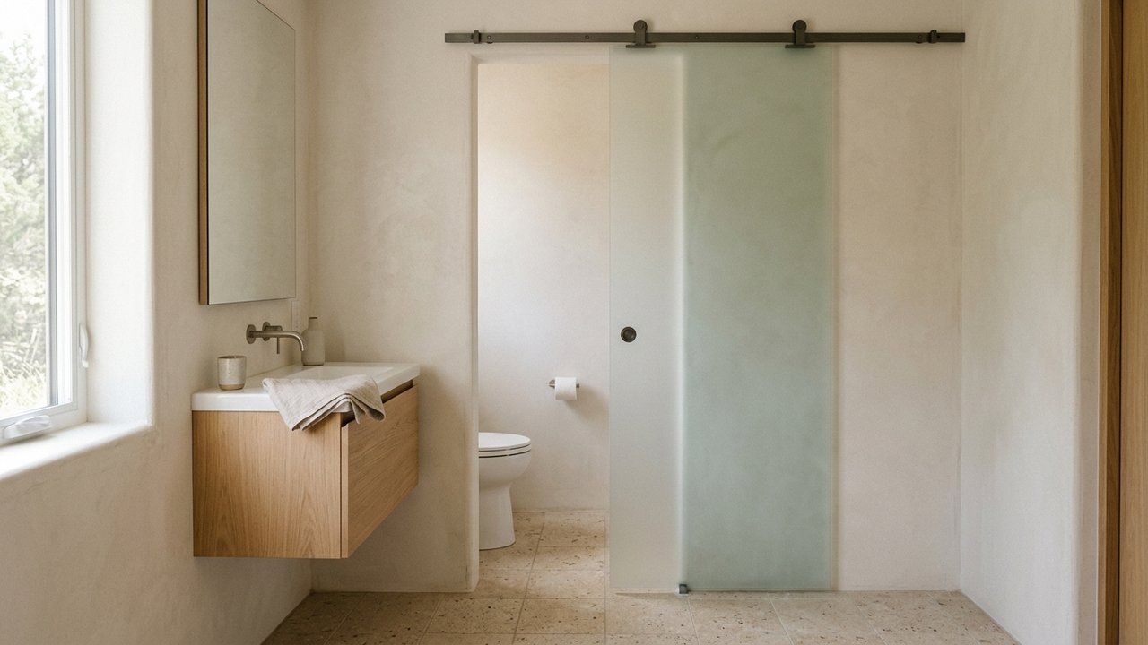 Petite salle de bain avec porte coulissante et séparation WC