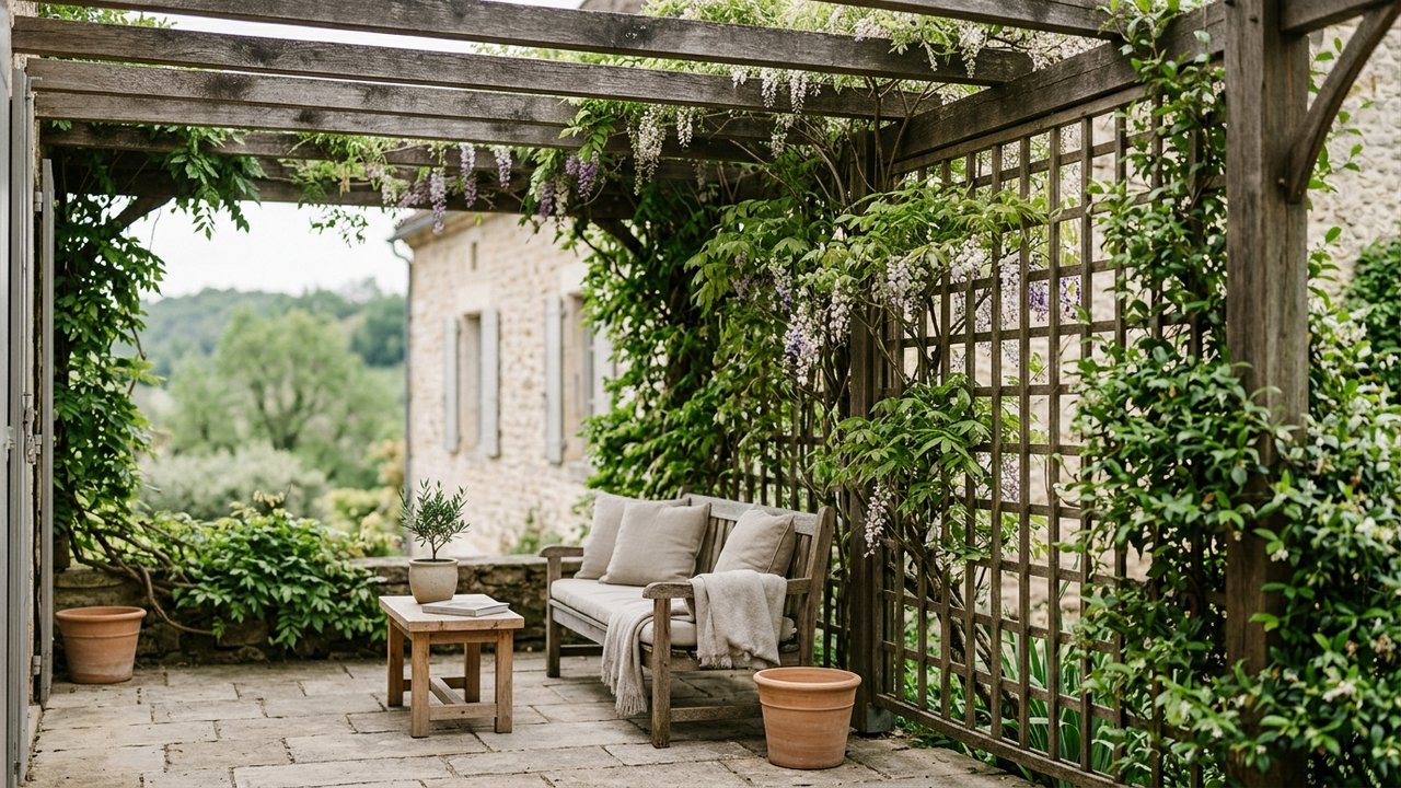 Plantes grimpantes habillant une pergola et un treillis sur terrasse