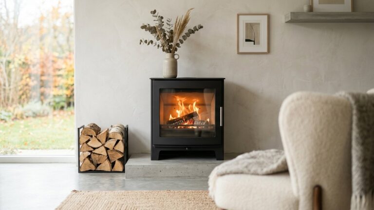 Poêle à bois Heta design contemporain avec vitre propre