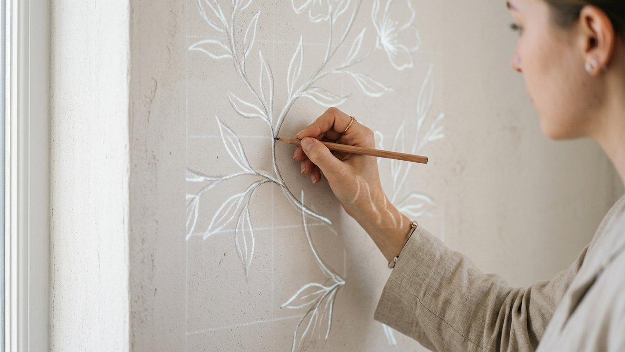 Traçage des contours d'un dessin projeté sur le mur au crayon