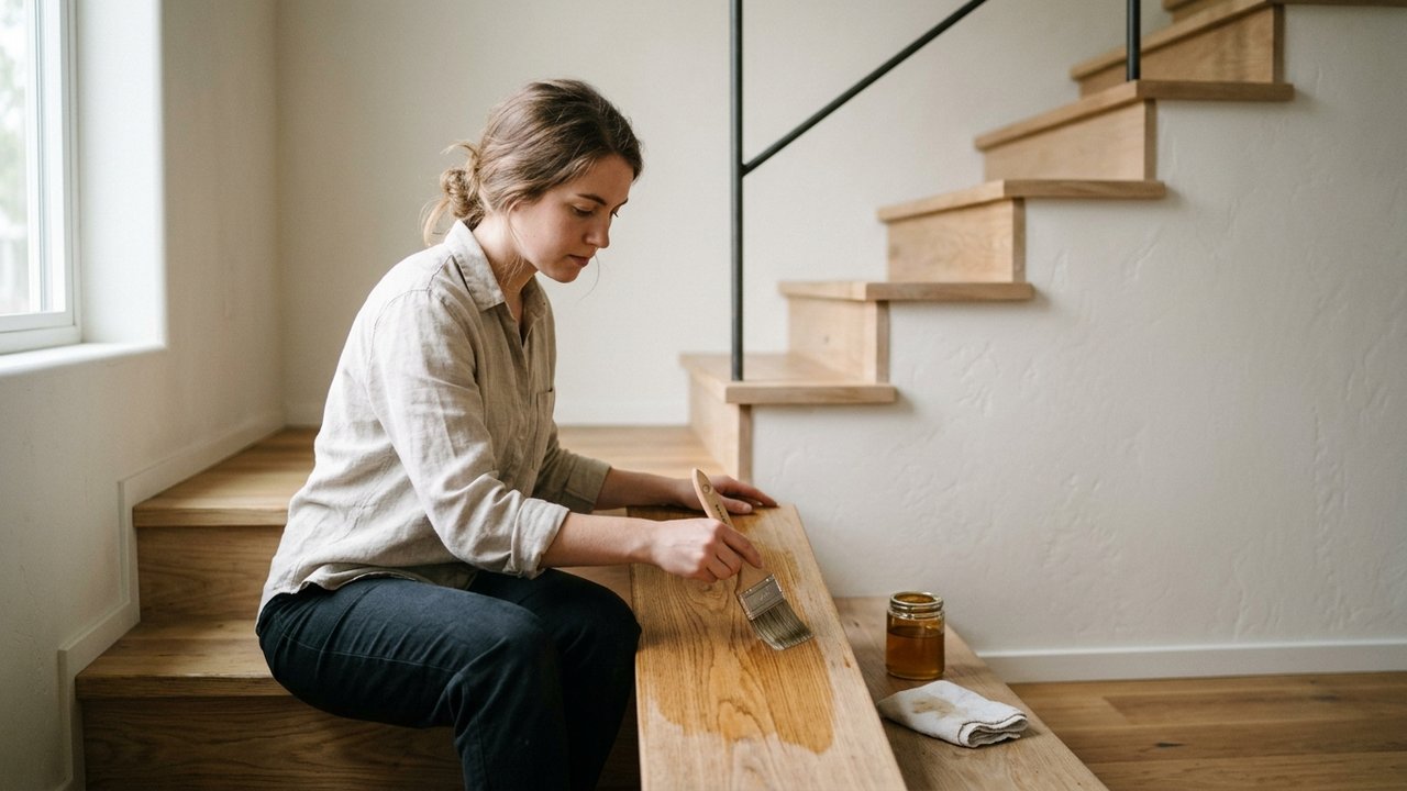 Application de vitrificateur sur marche d'escalier en bois