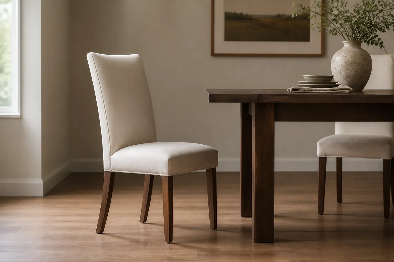 Chaise blanche avec une table en bois foncé
