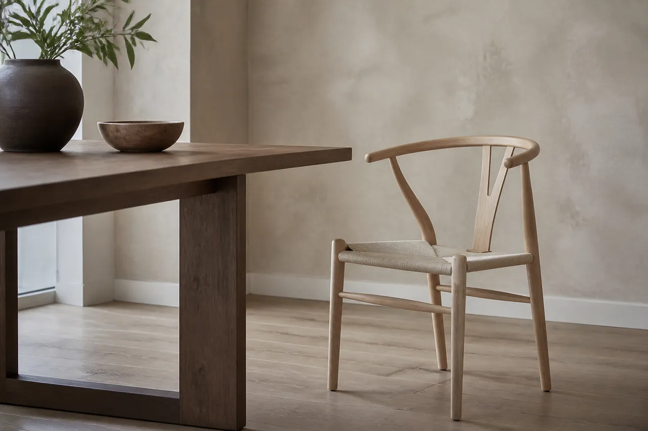 Chaise en bois clair avec une table en bois foncé