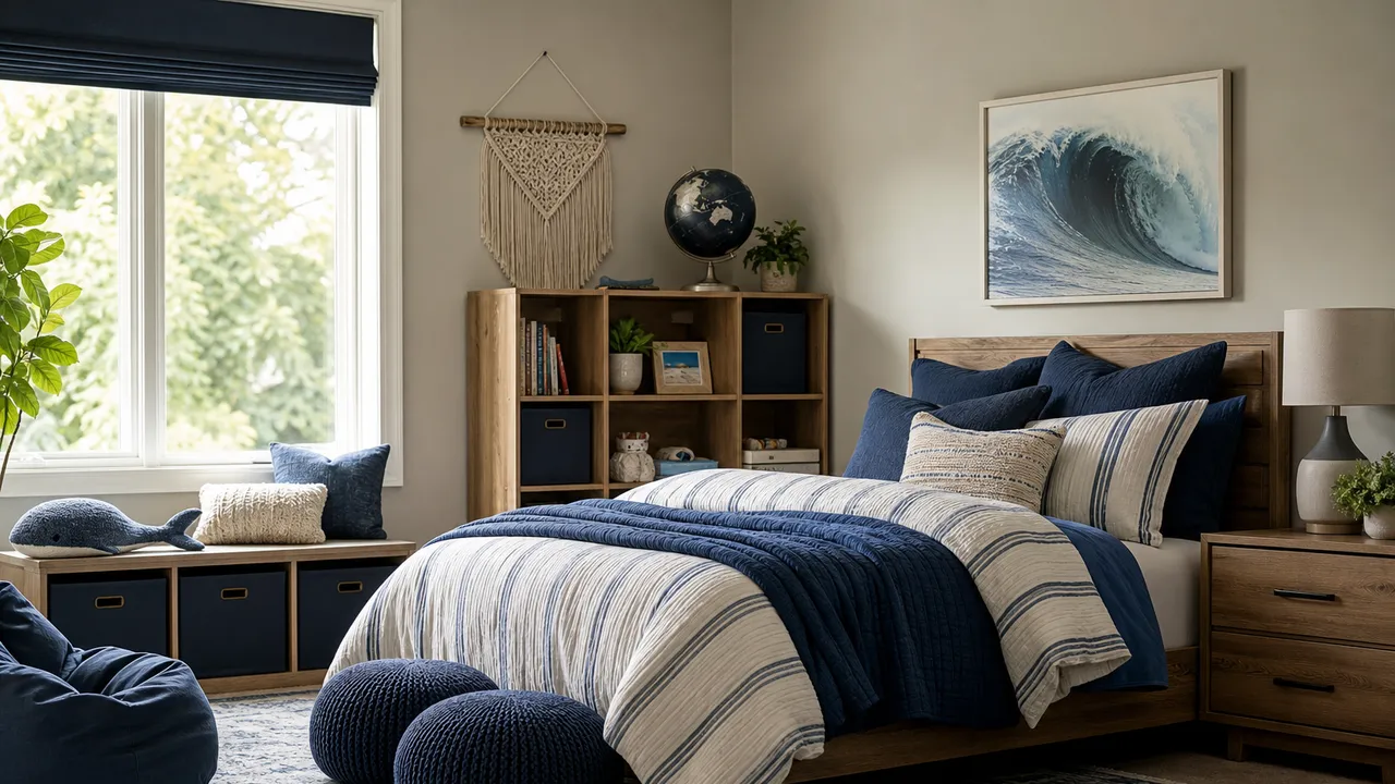 Décorer une chambre garçon 10 ans avec murs neutres et accents bleus