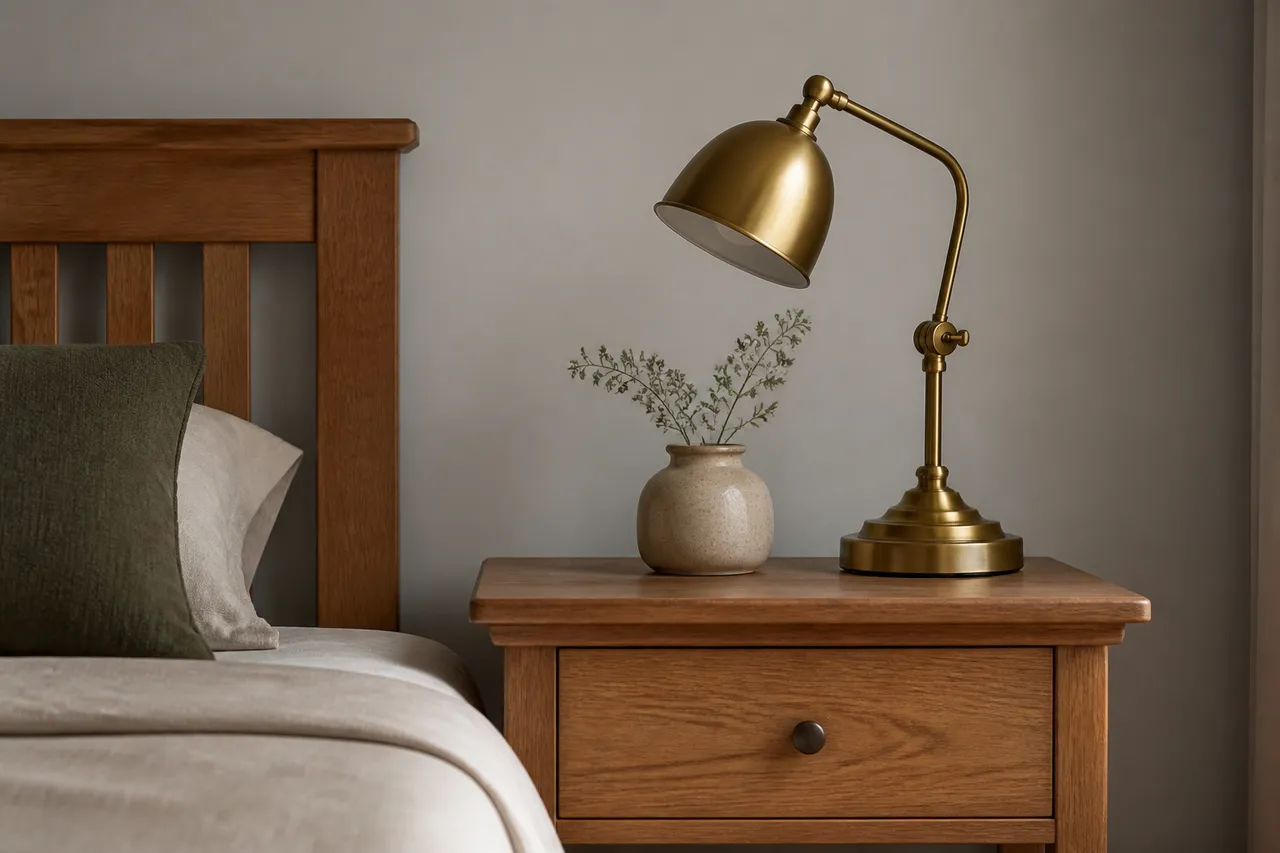 Lampe en laiton dans une chambre bleu nuit et bois