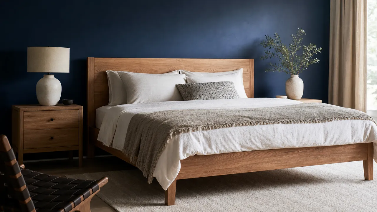 Chambre bleu nuit et bois avec lit en bois naturel