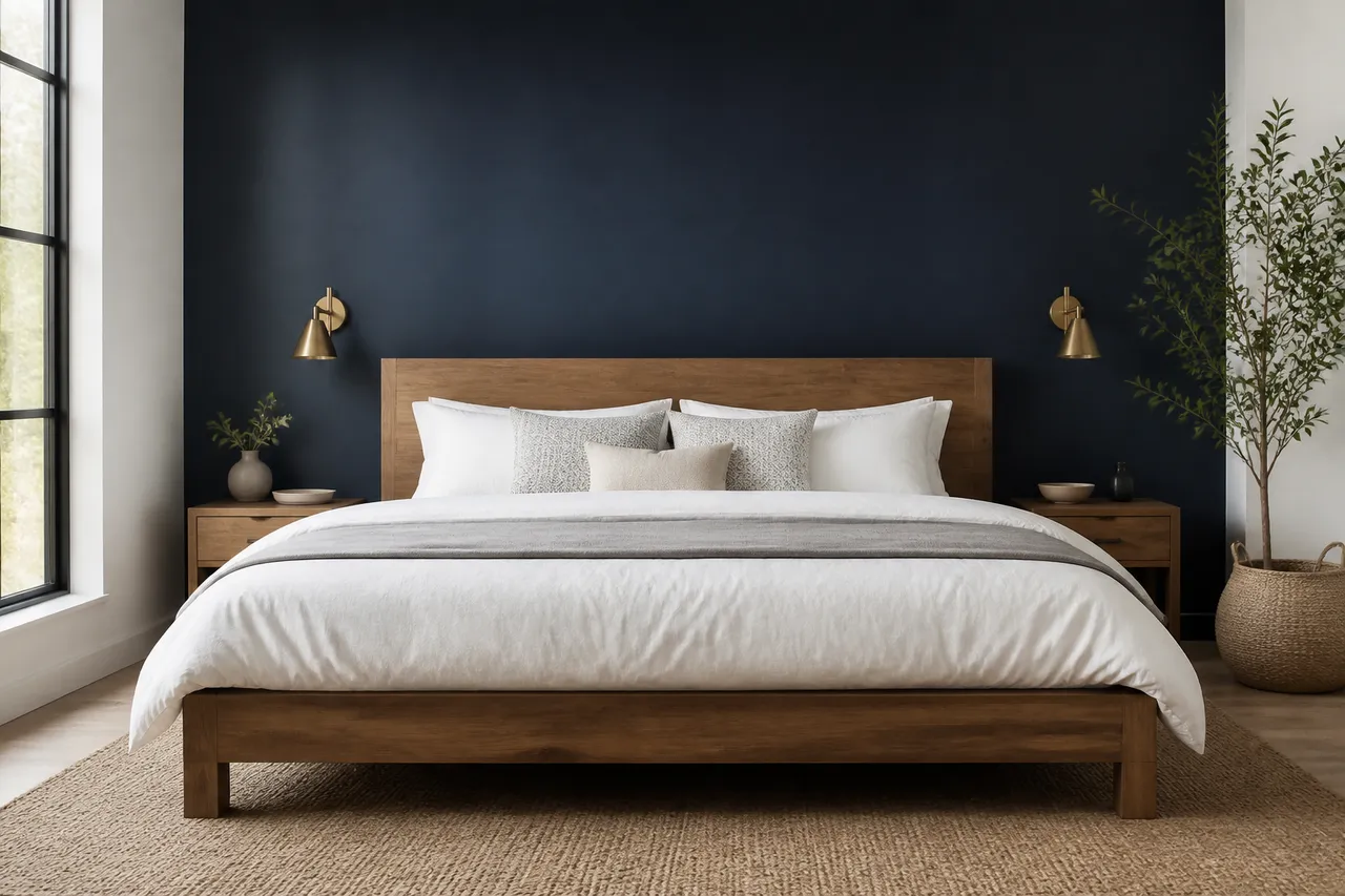 Lit en bois dans une chambre bleu nuit et bois