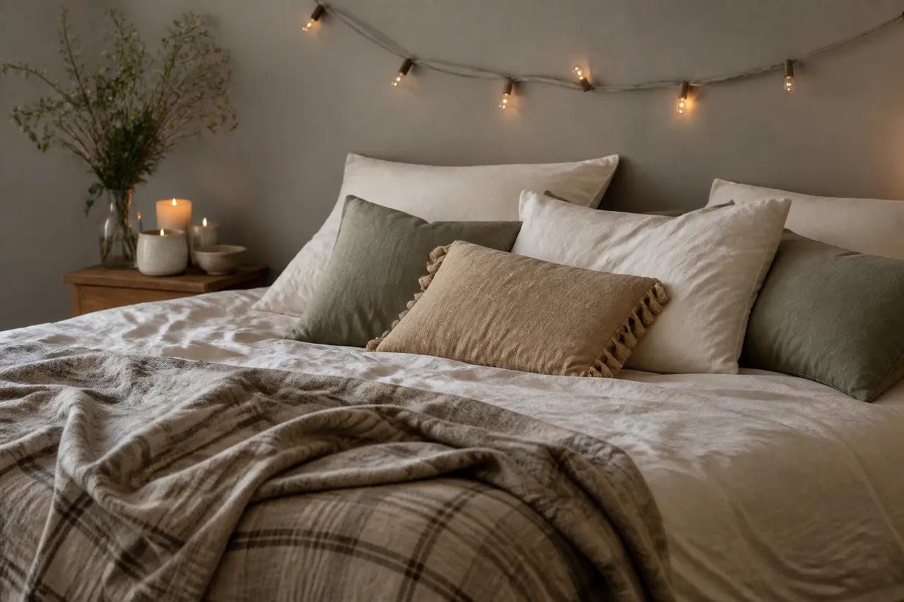 Ambiance cosy d'une chambre de garçon de 10 ans avec plaid et guirlande