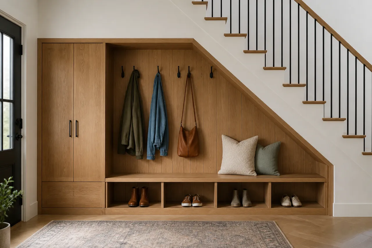 Aménagement sous escaliers d'entrée avec penderie et chaussures