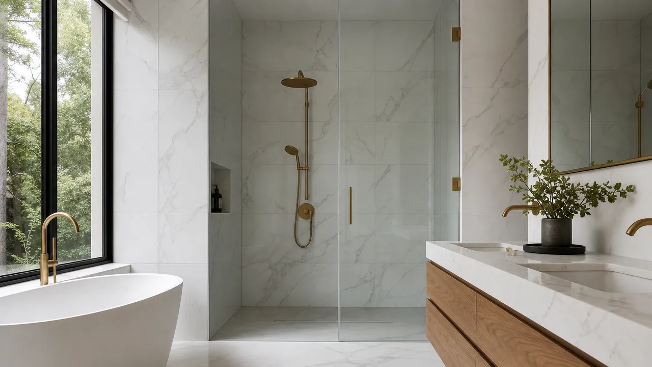Salle de bain marbre blanc veiné, ambiance chic et lumineuse