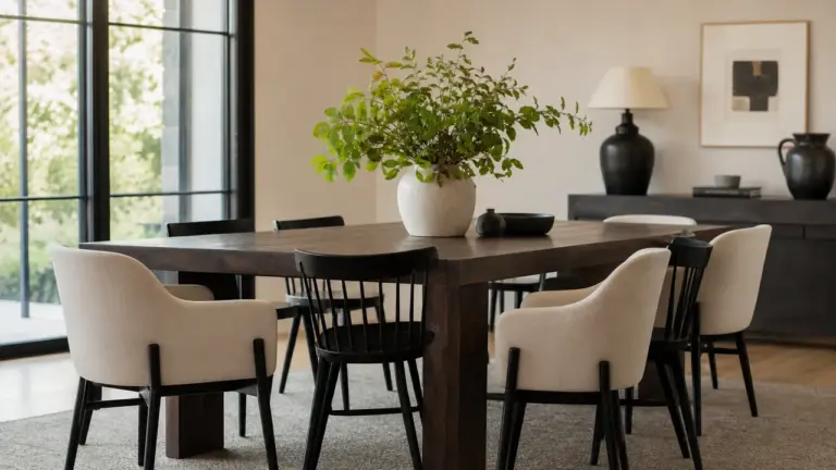 Chaises contrastées autour d'une table en bois foncé
